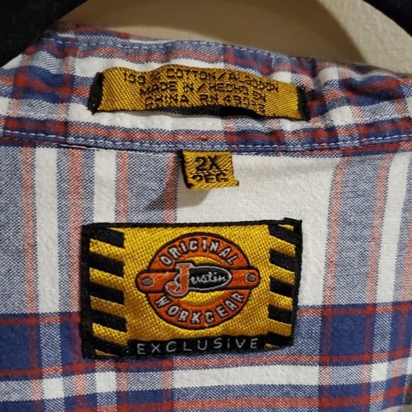 Men's Justin Original Workwear 100% Cotton Red & Blue Plaid Long Sleeve Button - Picture 4 of 5